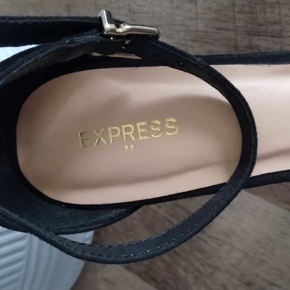 Express thick heel haux suede heels with shiner heel and ankle strap enclosure - Picture 7 of 8